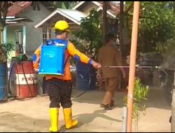 Gotong royong penampalan jalan dan penyemprotan disfektan di pekon tanjung sari BNS.